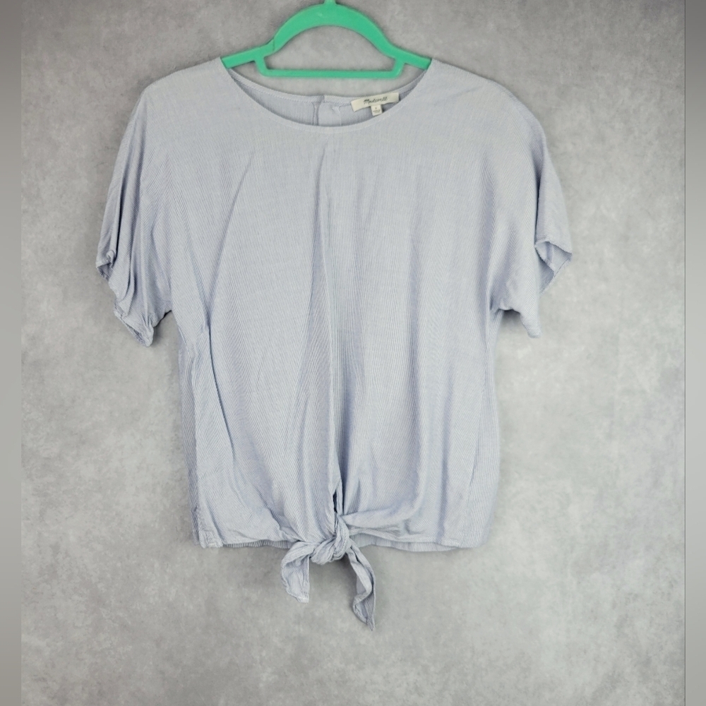 Woman's Small Madewell Blue and White Striped Tie Blouse